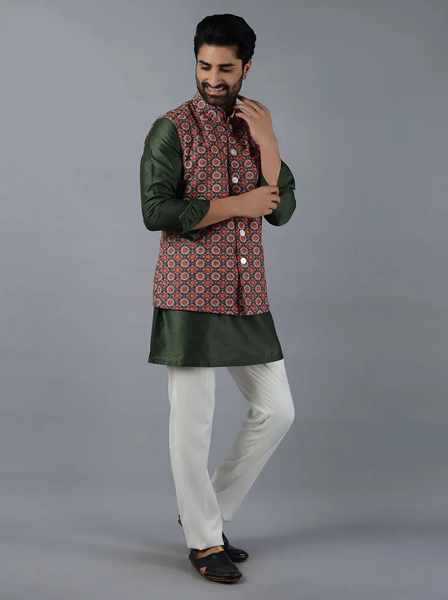 Dark Green Printed & Embroidered Regular Fit Bandhgala Jacket | Azania