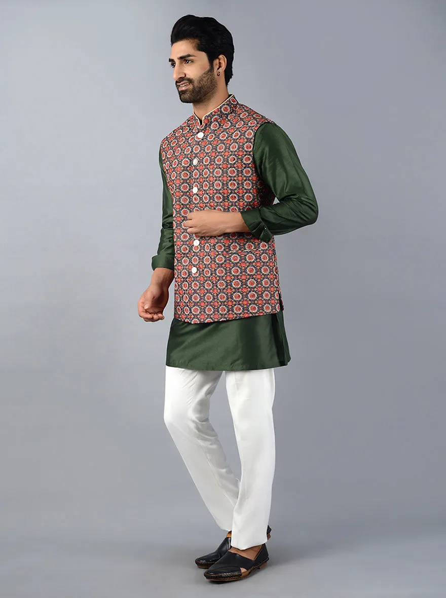 Dark Green Printed & Embroidered Regular Fit Bandhgala Jacket | Azania