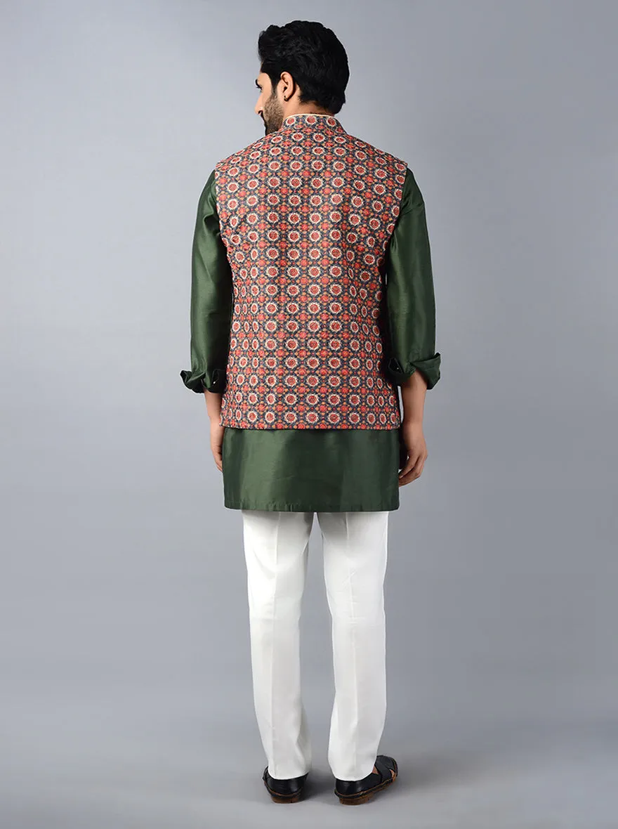 Dark Green Printed & Embroidered Regular Fit Bandhgala Jacket | Azania