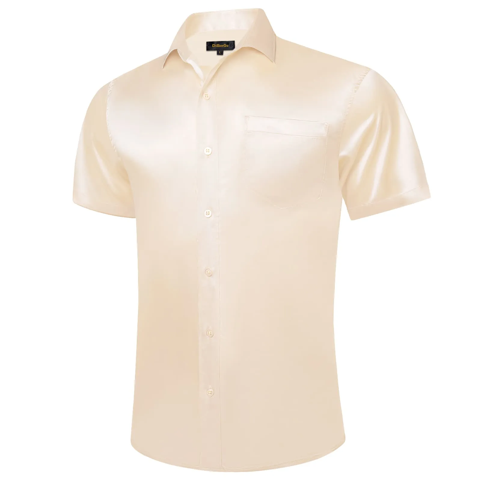 DiBanGu Button Shirt Summer Off-White Solid Silk Men's Short Sleeve Shirt Top