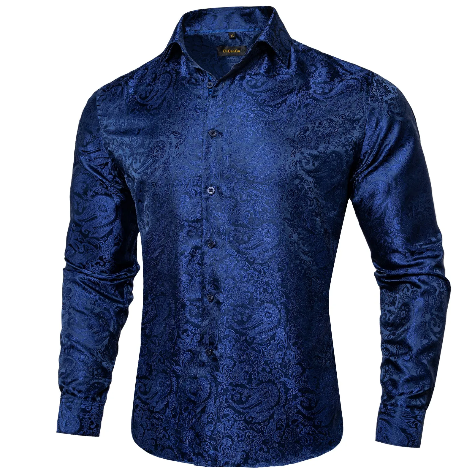 DiBanGu Mens Long Sleeve Shirt Navy Blue Paisley Button Down Silk Shirt