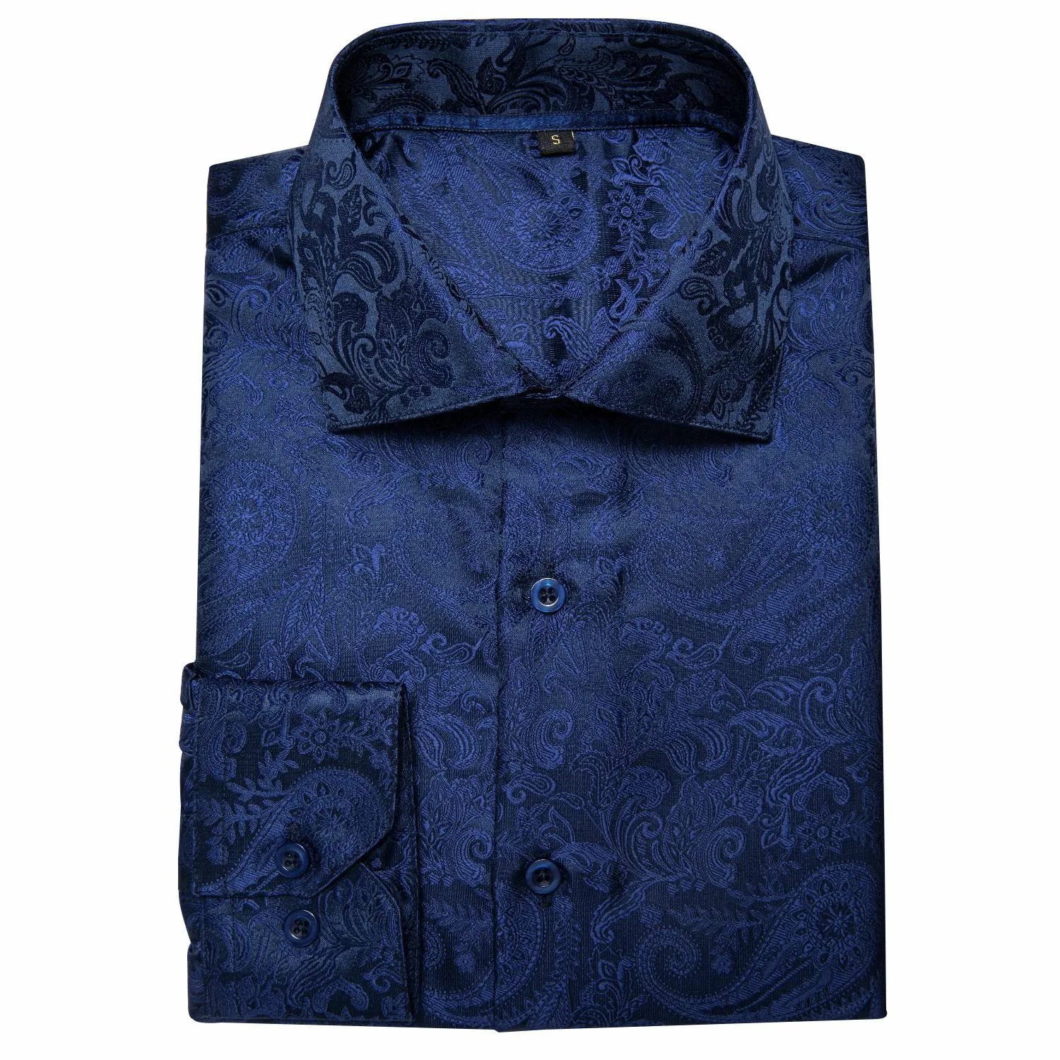 DiBanGu Mens Long Sleeve Shirt Navy Blue Paisley Button Down Silk Shirt