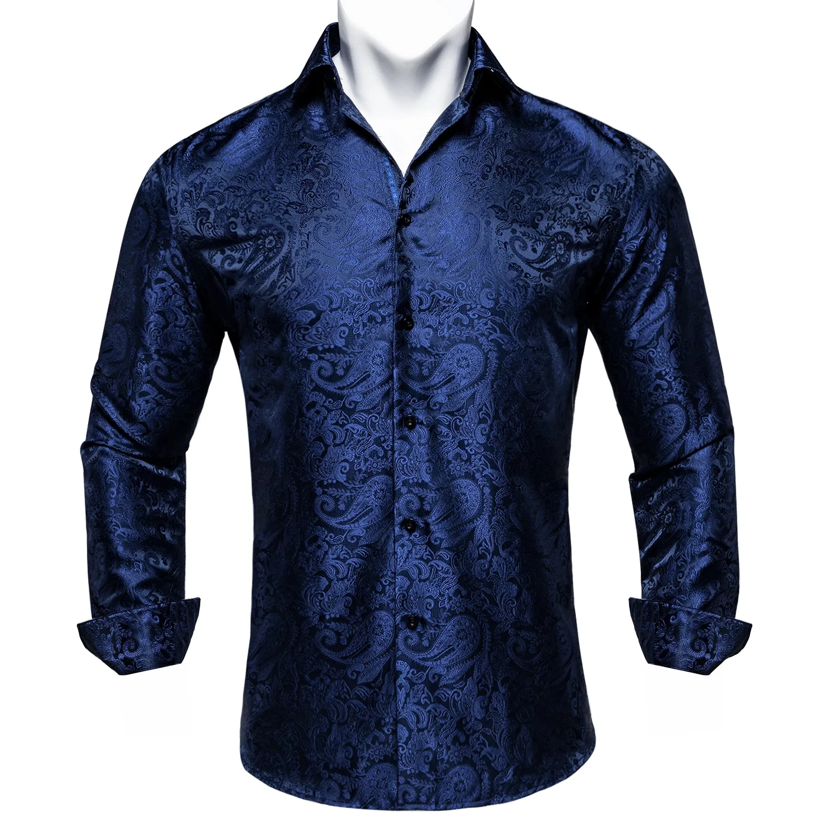 DiBanGu Mens Long Sleeve Shirt Navy Blue Paisley Button Down Silk Shirt