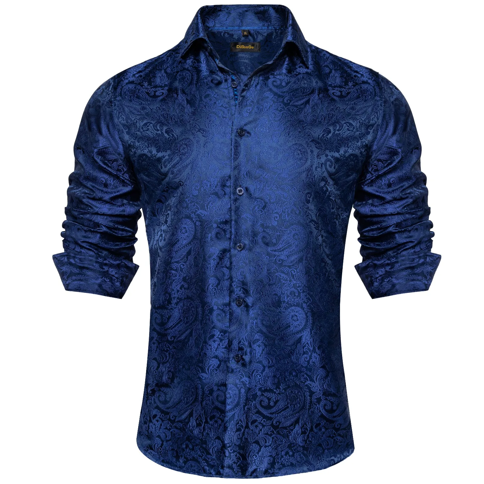 DiBanGu Mens Long Sleeve Shirt Navy Blue Paisley Button Down Silk Shirt