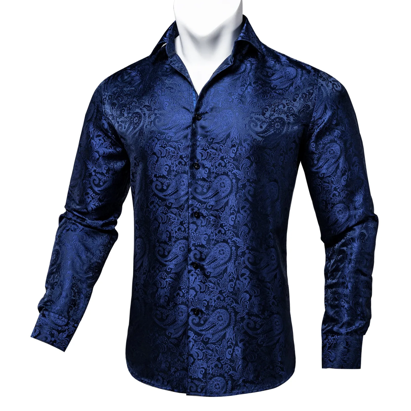 DiBanGu Mens Long Sleeve Shirt Navy Blue Paisley Button Down Silk Shirt