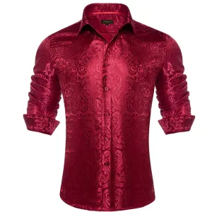 DiBanGu Shirt for Men Burgundy Paisley Long Sleeve Silk Button Up Wedding Dress Shirt