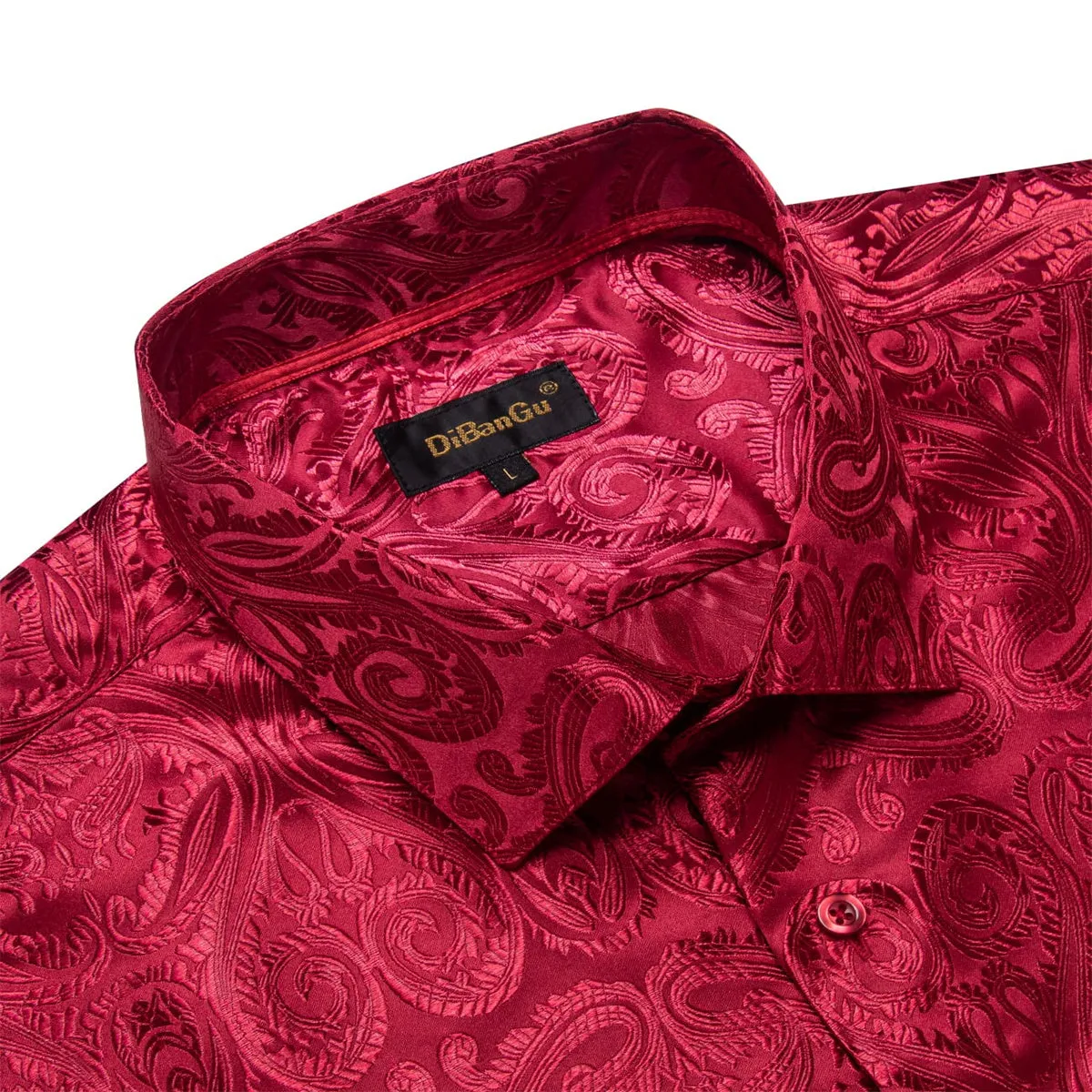 DiBanGu Shirt for Men Burgundy Paisley Long Sleeve Silk Button Up Wedding Dress Shirt