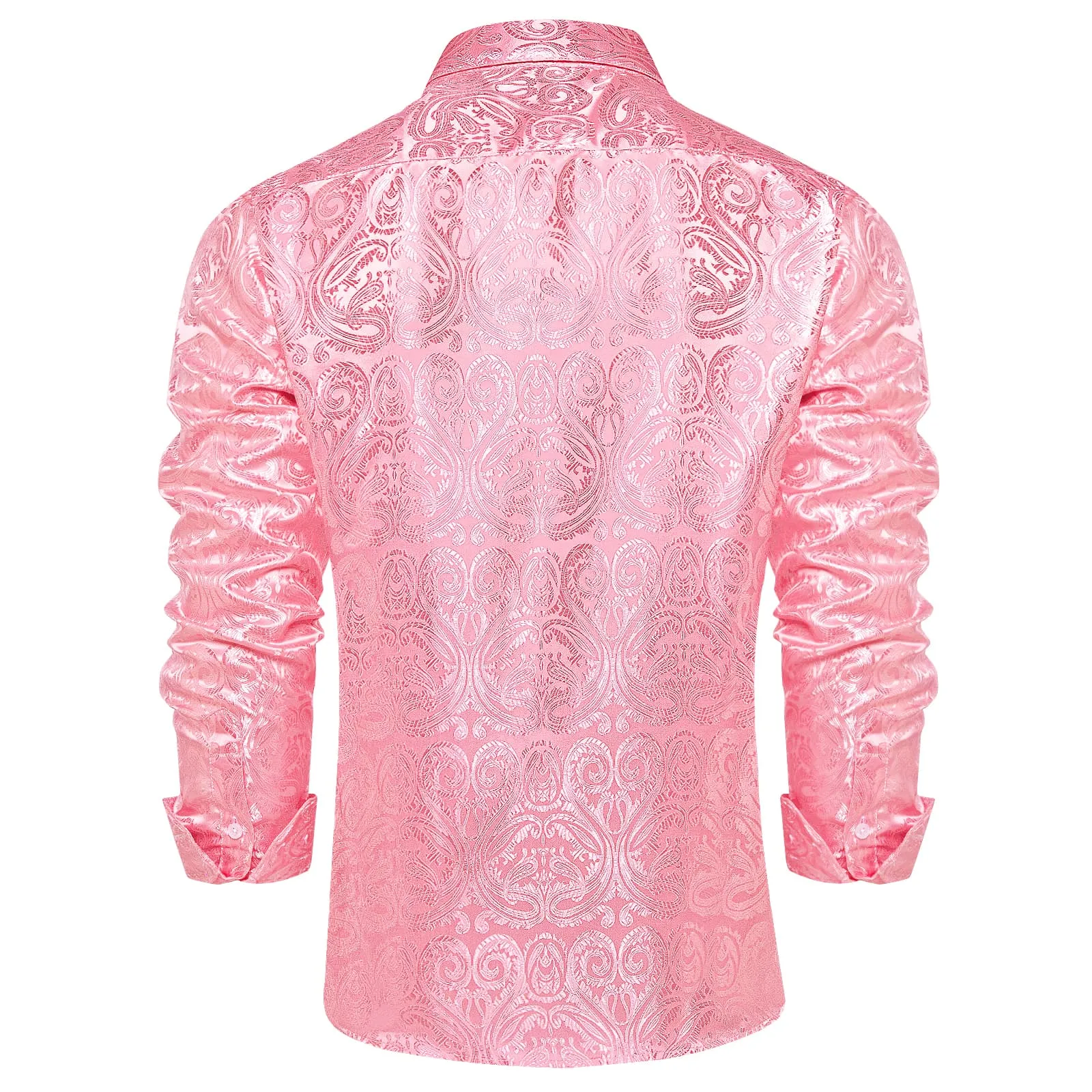 DiBanGu Shirt for Men Rose Pink Paisley Long Sleeve Silk Button Up Shirt