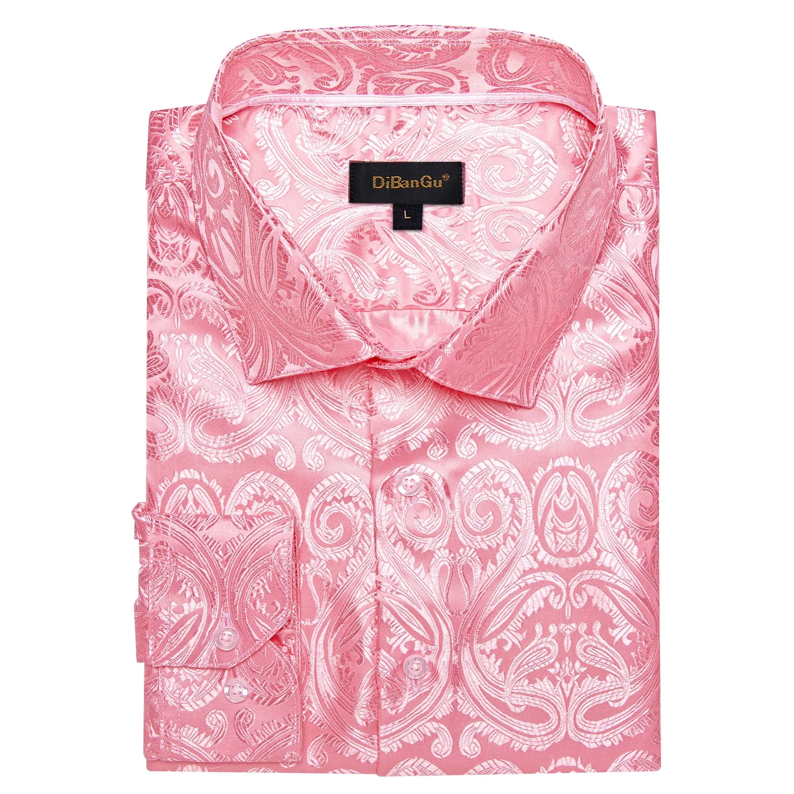 DiBanGu Shirt for Men Rose Pink Paisley Long Sleeve Silk Button Up Shirt