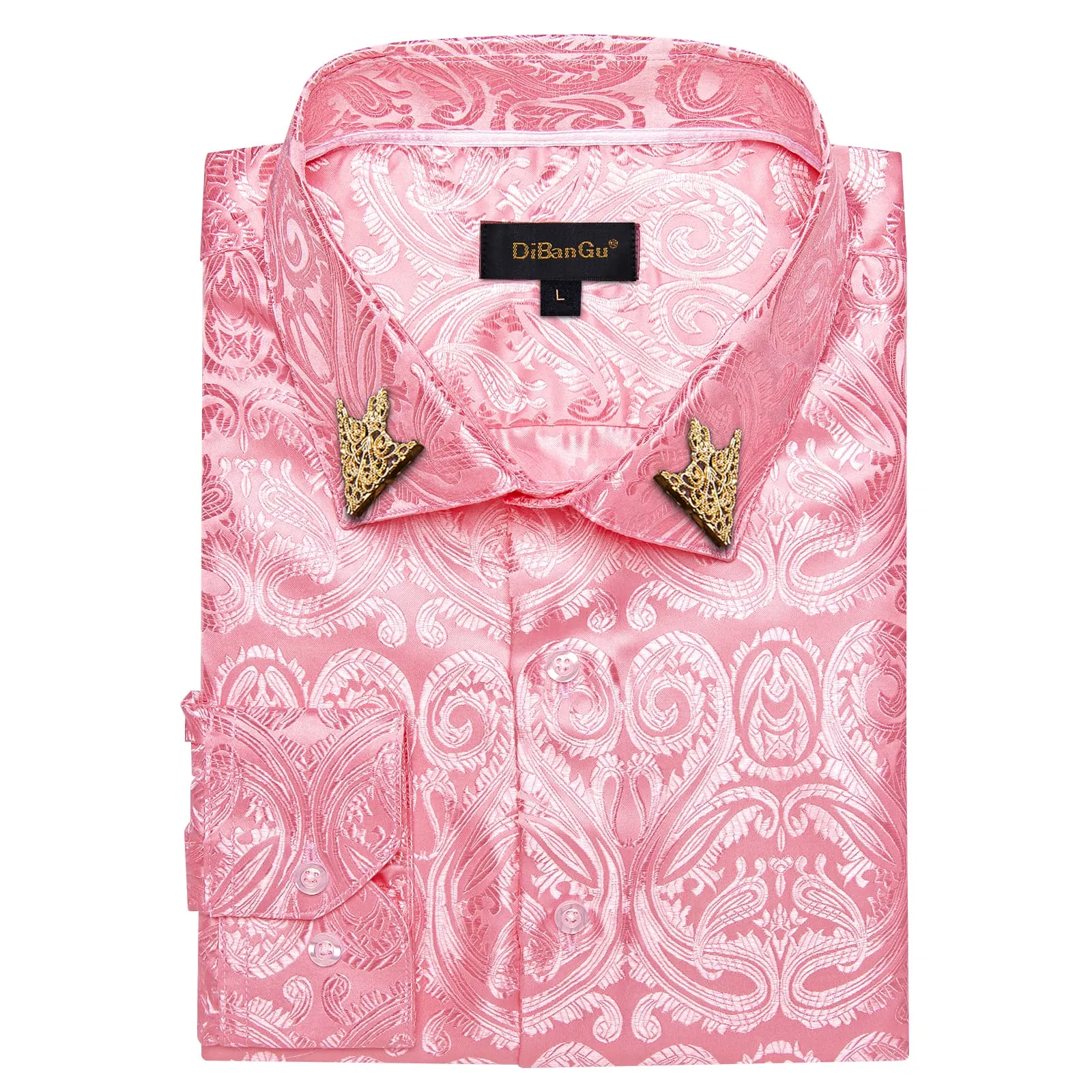 DiBanGu Shirt for Men Rose Pink Paisley Long Sleeve Silk Button Up Shirt