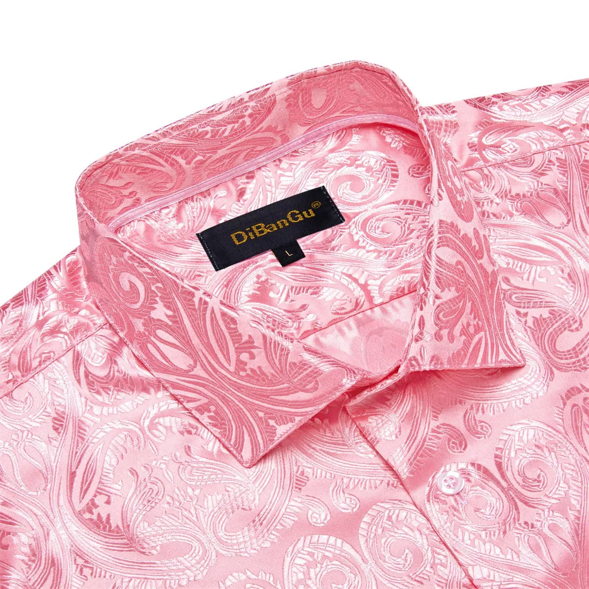 DiBanGu Shirt for Men Rose Pink Paisley Long Sleeve Silk Button Up Shirt