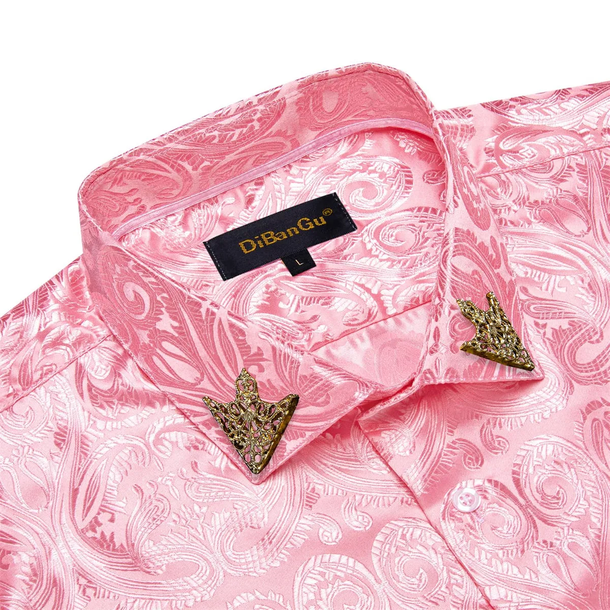 DiBanGu Shirt for Men Rose Pink Paisley Long Sleeve Silk Button Up Shirt