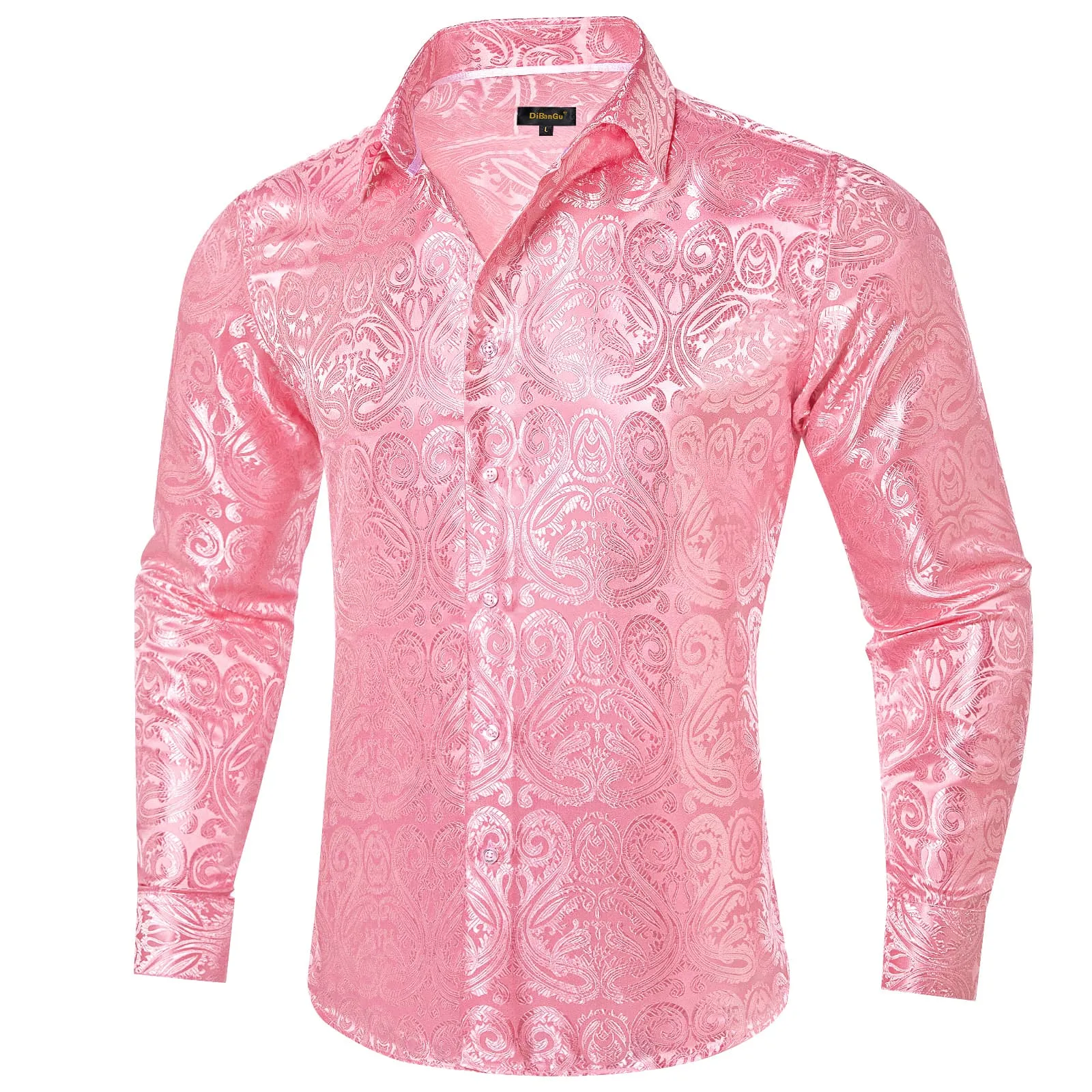 DiBanGu Shirt for Men Rose Pink Paisley Long Sleeve Silk Button Up Shirt