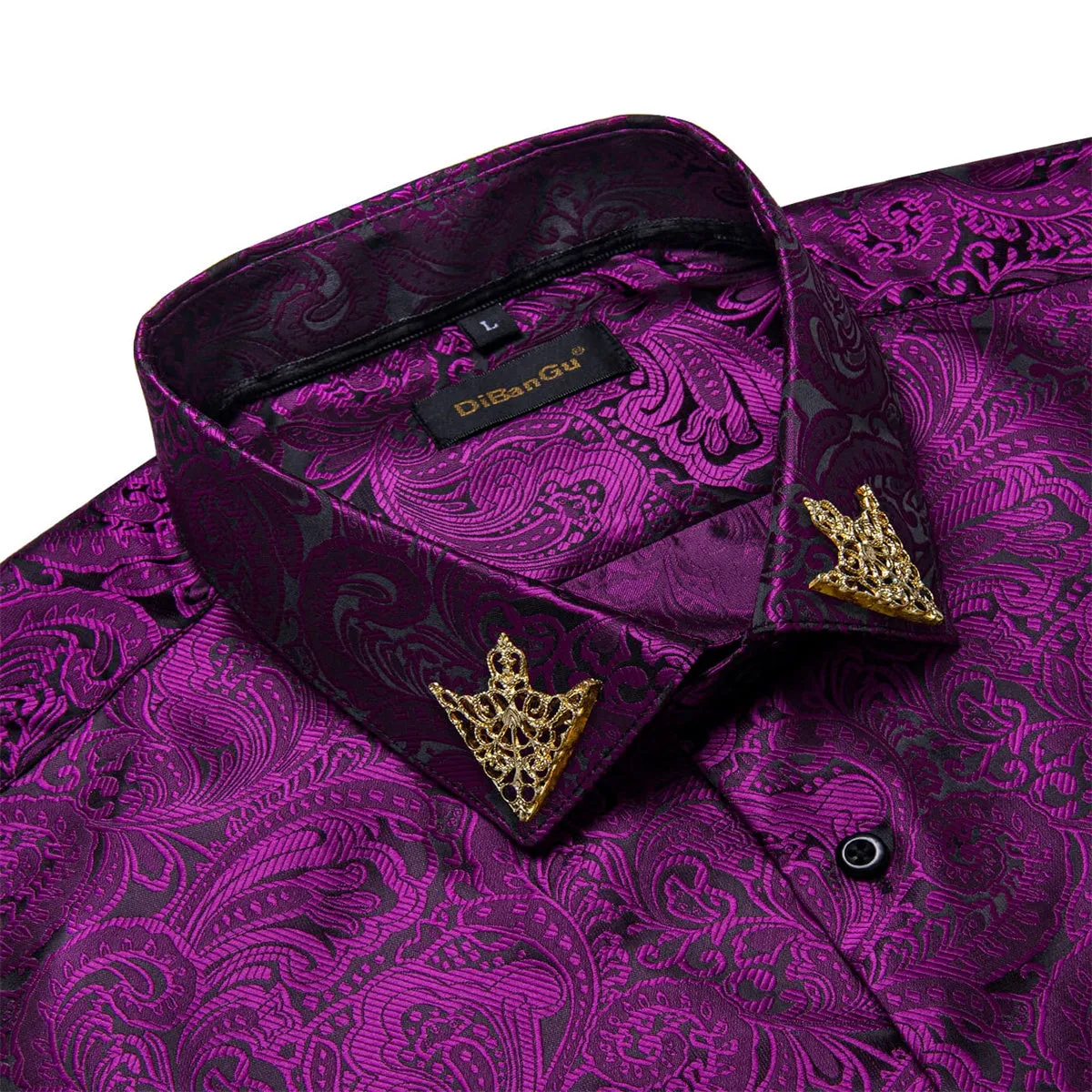 DiBanGu Tuxedo Shirt Dark Purple Floral Silk Button Up Men's Long Sleeve Dress Shirt