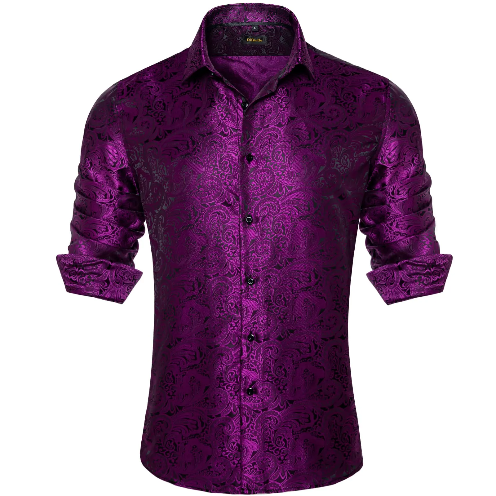 DiBanGu Tuxedo Shirt Dark Purple Floral Silk Button Up Men's Long Sleeve Dress Shirt