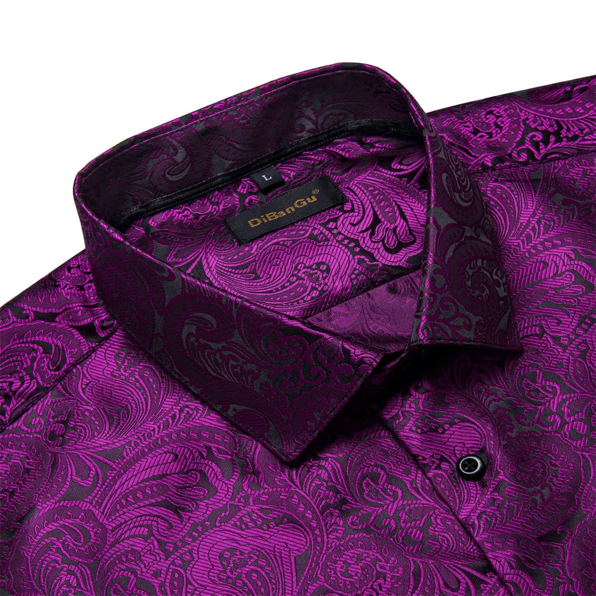 DiBanGu Tuxedo Shirt Dark Purple Floral Silk Button Up Men's Long Sleeve Dress Shirt