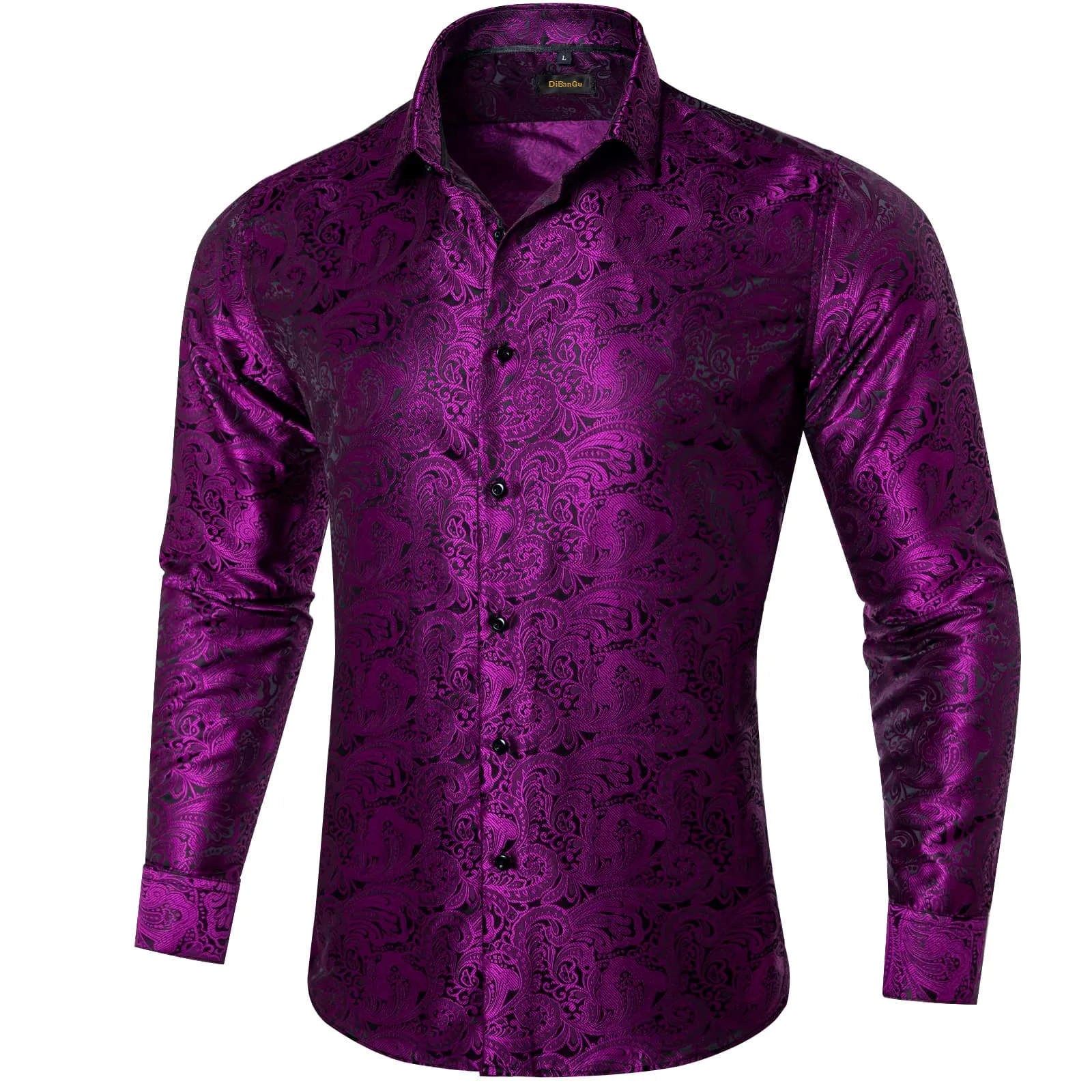 DiBanGu Tuxedo Shirt Dark Purple Floral Silk Button Up Men's Long Sleeve Dress Shirt