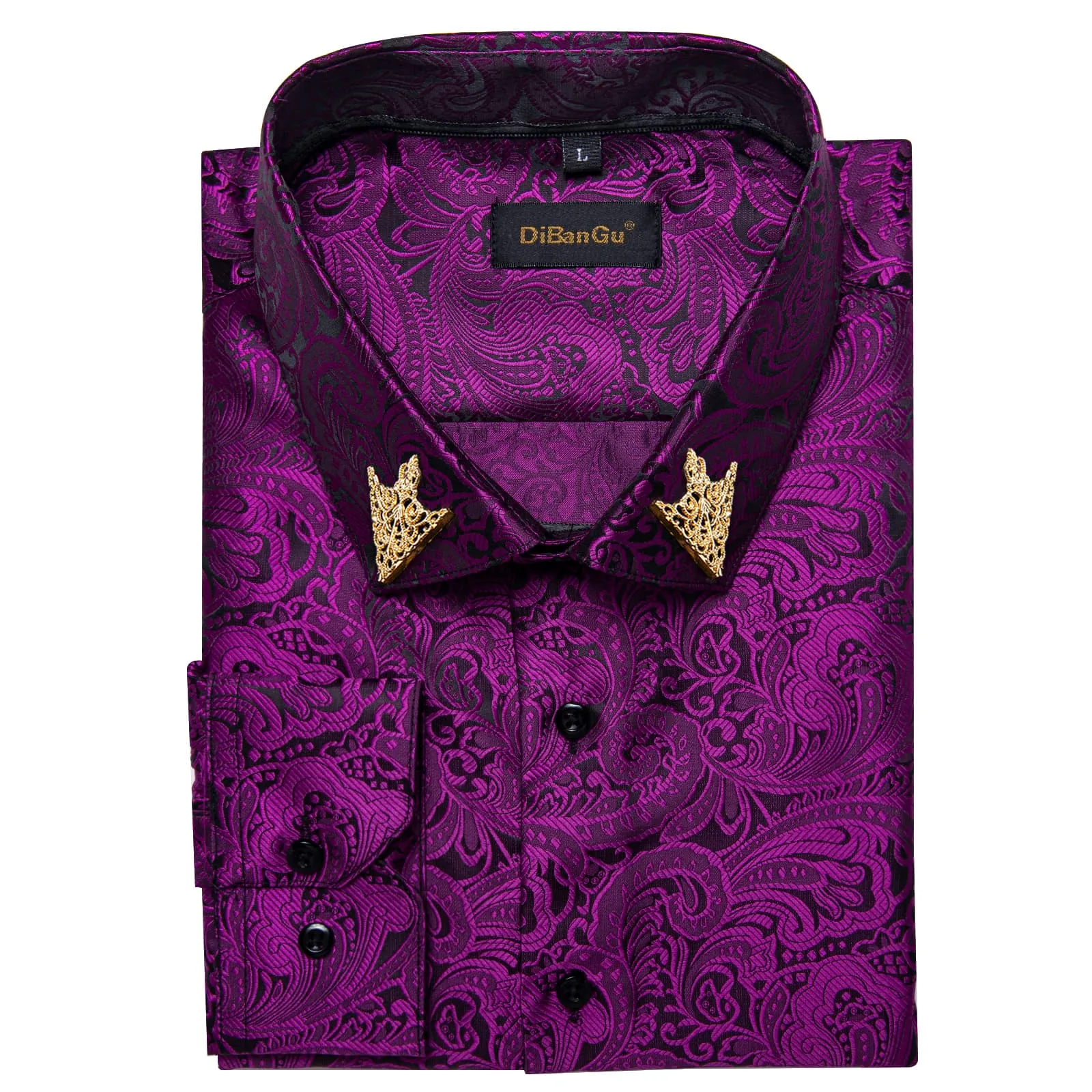 DiBanGu Tuxedo Shirt Dark Purple Floral Silk Button Up Men's Long Sleeve Dress Shirt