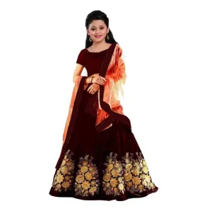 Elegant Brown Embroidered Silk Girls Lehenga Cholis With Dupatta