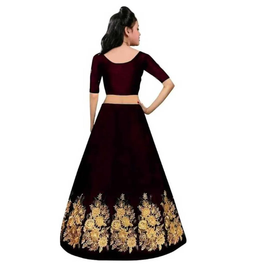 Elegant Brown Embroidered Silk Girls Lehenga Cholis With Dupatta