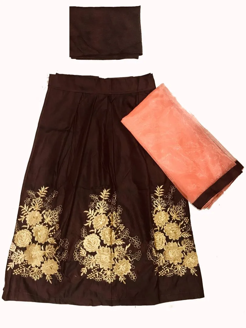 Elegant Brown Embroidered Silk Girls Lehenga Cholis With Dupatta