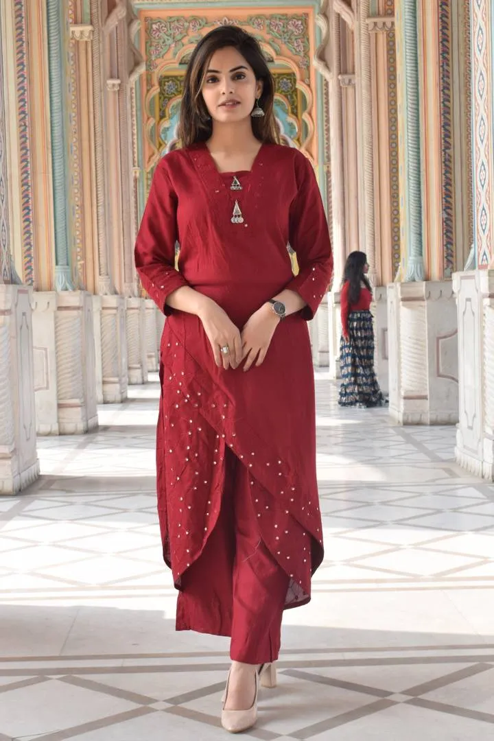 Elegant Red Embroidered Rayon  Kurti Palazzo Set For Women