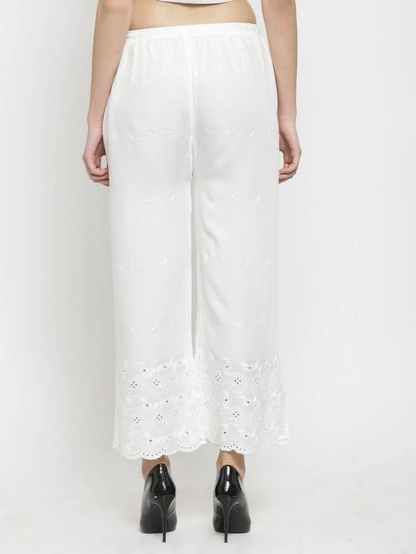 Elegant White Rayon Embroidered Palazzo For Women