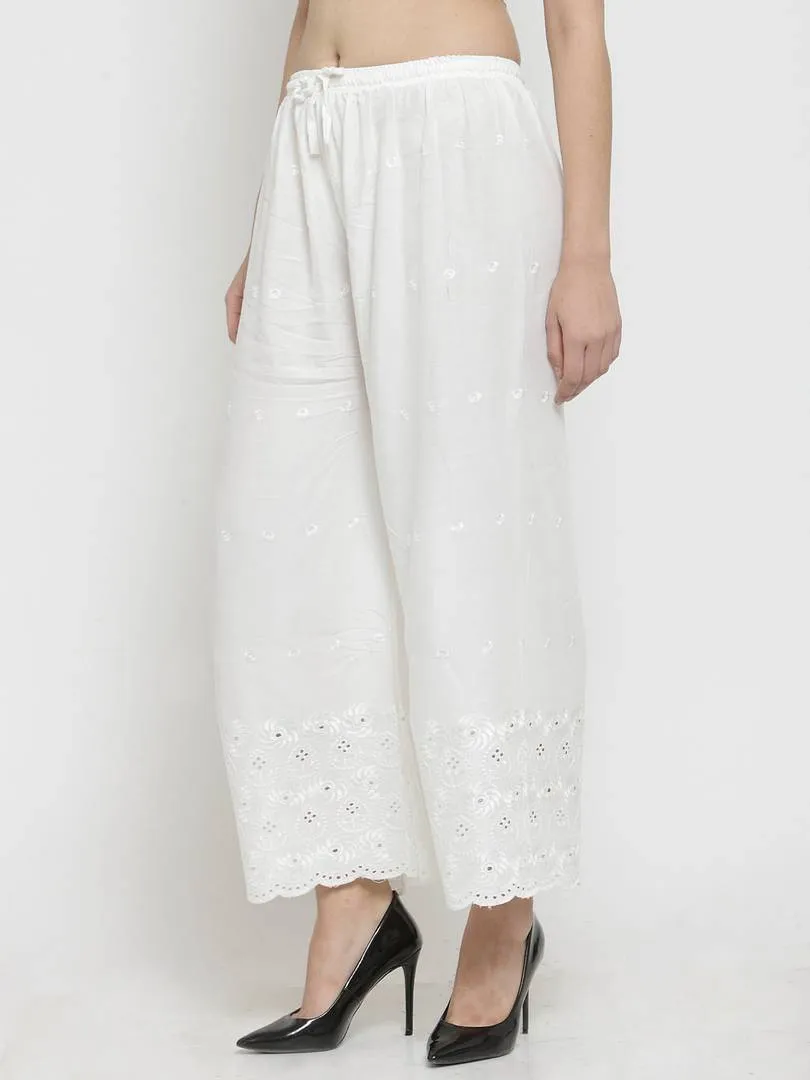 Elegant White Rayon Embroidered Palazzo For Women