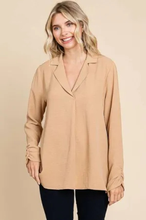 Full Size Lapel Collar Ruched Long Sleeve Blouse