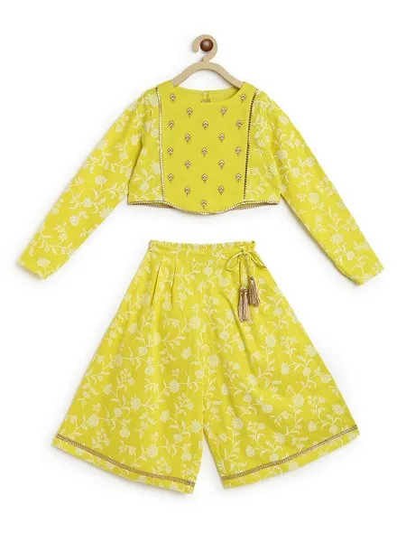 Girls Combo Co-ord Set And Bow Hairclip Print- Yellow