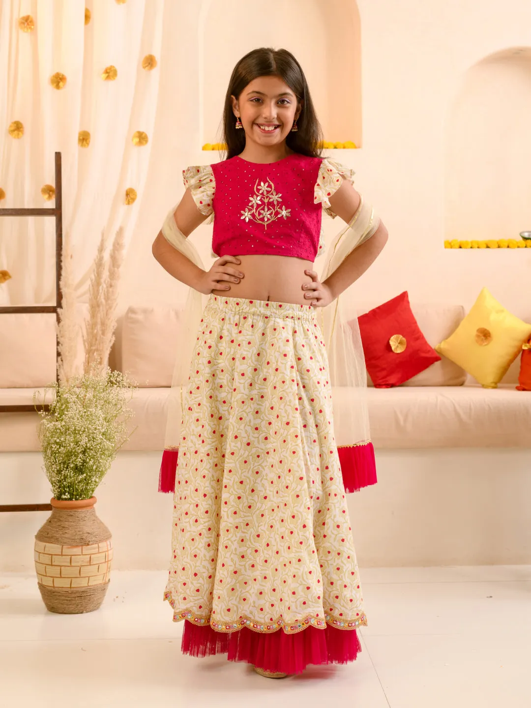 Girls Embroidered Thread Work Ready To Wear Lehenga Blouse With Dupatta - Ps Peaches