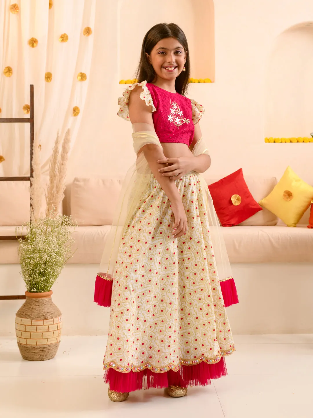 Girls Embroidered Thread Work Ready To Wear Lehenga Blouse With Dupatta - Ps Peaches