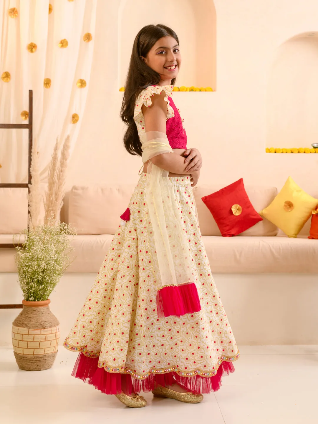 Girls Embroidered Thread Work Ready To Wear Lehenga Blouse With Dupatta - Ps Peaches