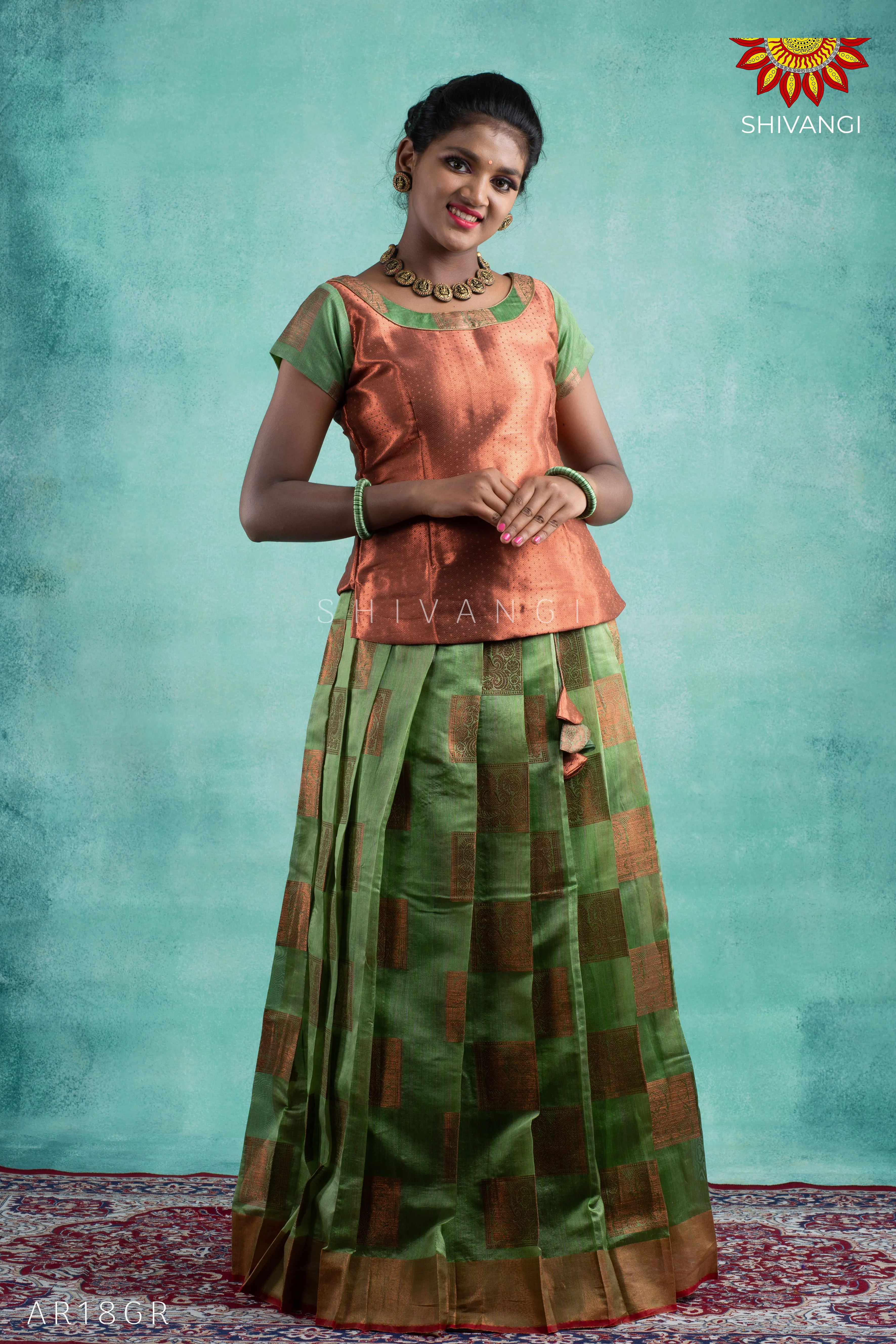 Girls Green Copper Peacock Pattu Pavadai