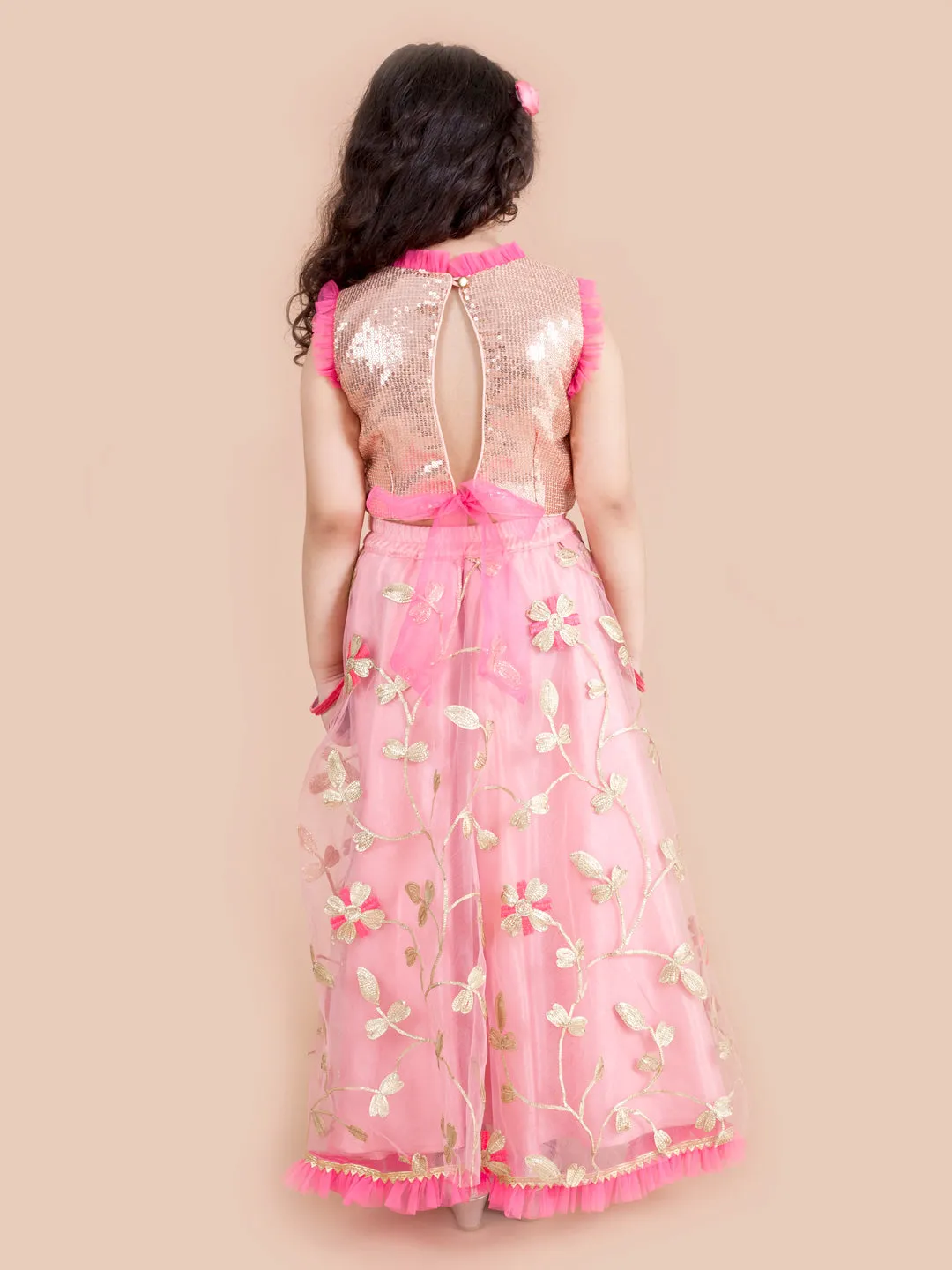 Girls Pink Gold-Toned Embroidered Ready To Wear Lehenga Blouse With Dupatta - Ps Peaches