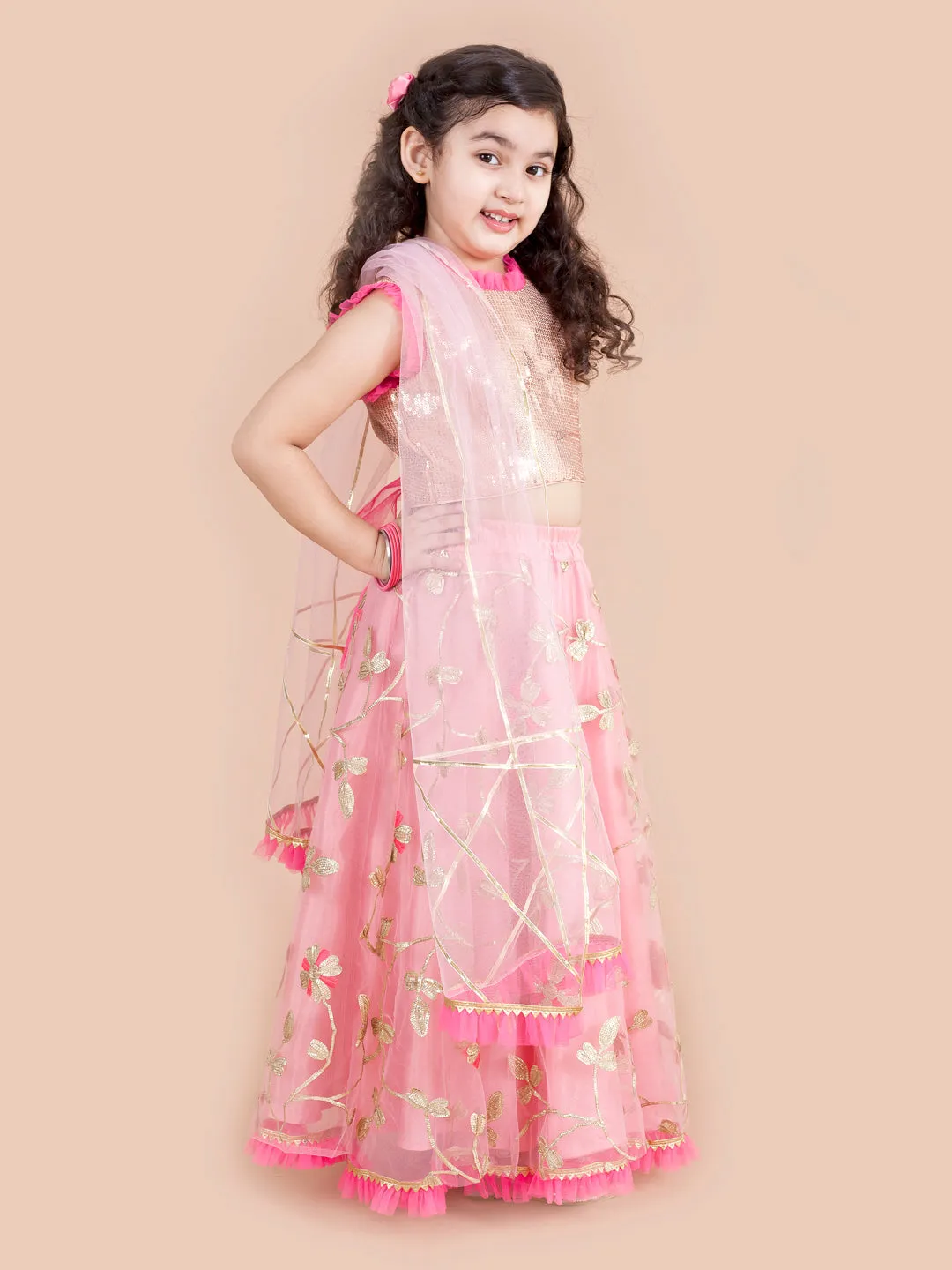 Girls Pink Gold-Toned Embroidered Ready To Wear Lehenga Blouse With Dupatta - Ps Peaches