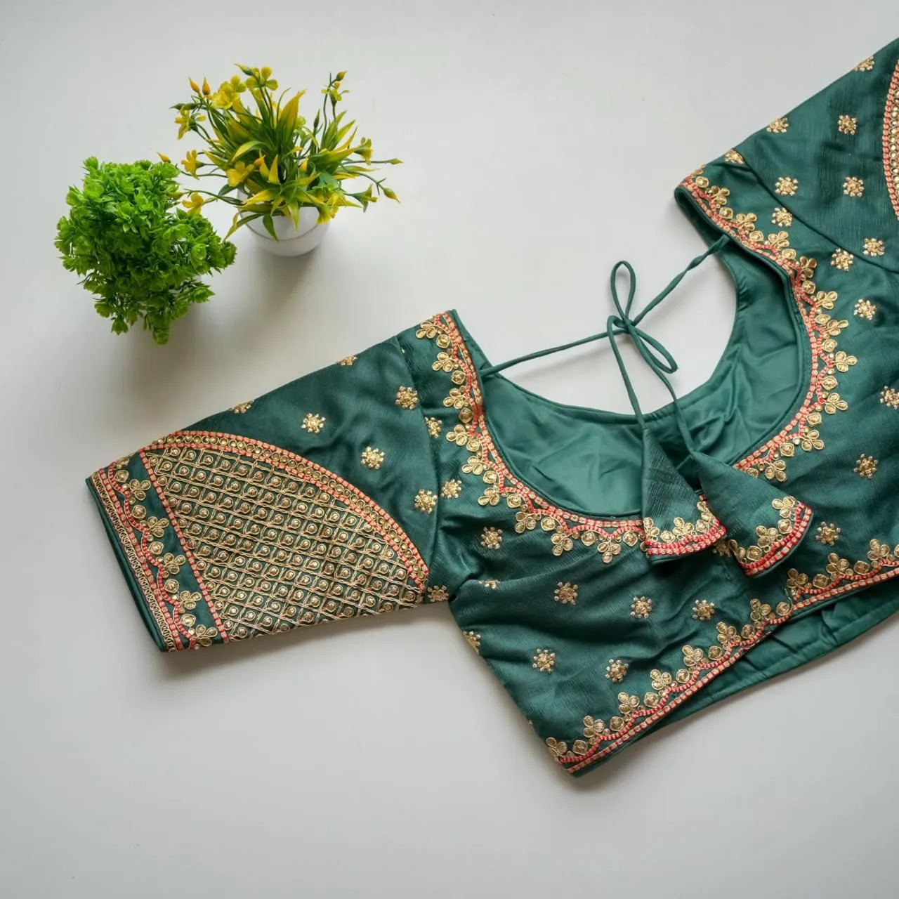 Green Mulmul Silk Blouse with Golden Embroidery and Sequins