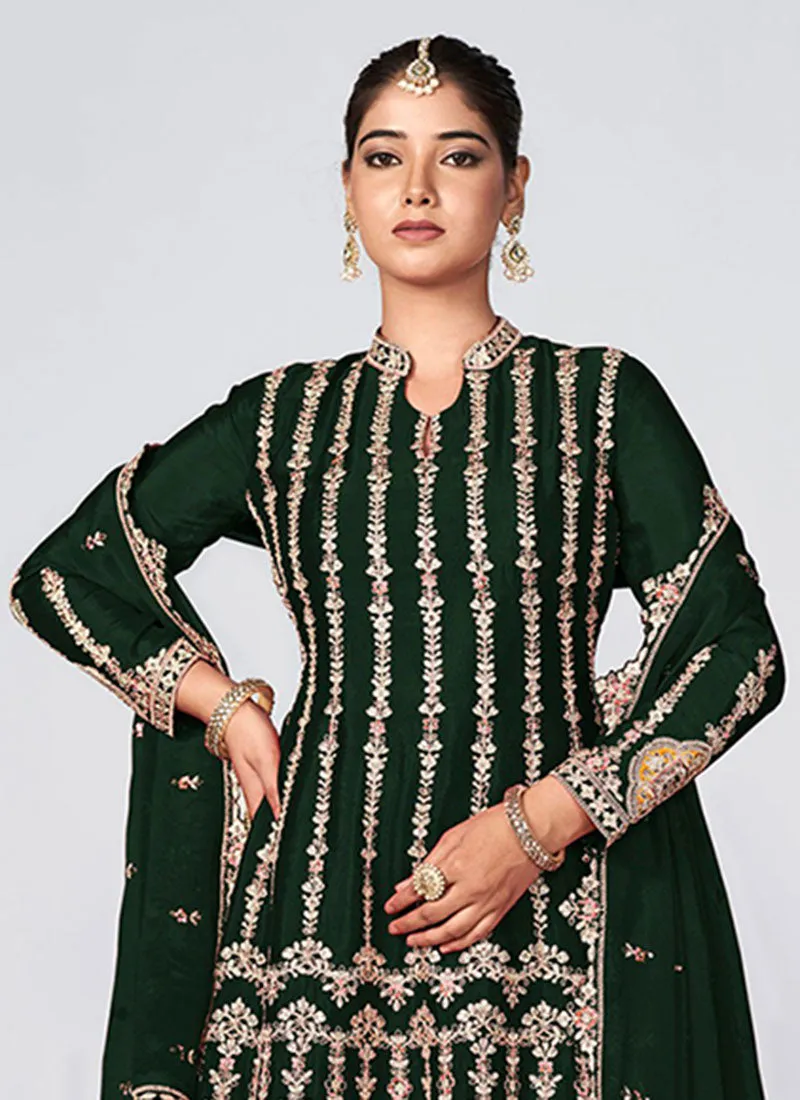 Green Multi Embroidery Traditional Palazzo Style Suit