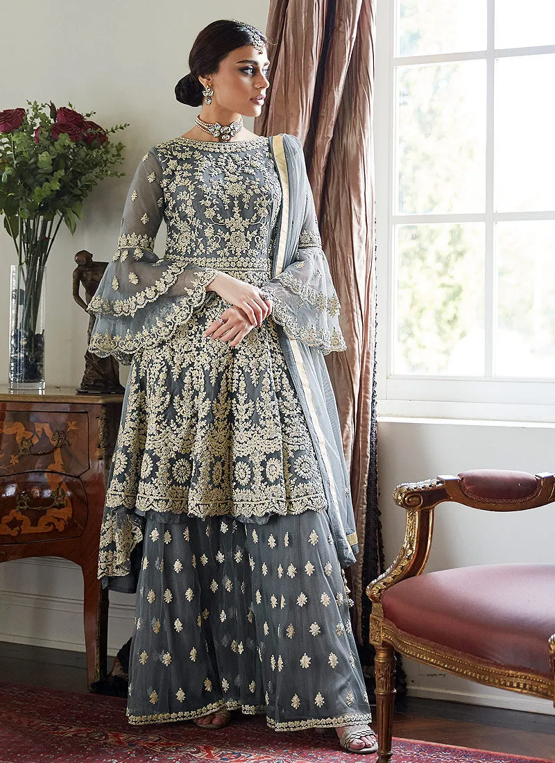 Grey Beige Multi Embroidered Designer Gharara Suit