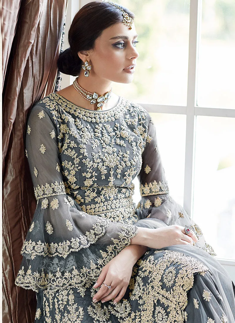 Grey Beige Multi Embroidered Designer Gharara Suit