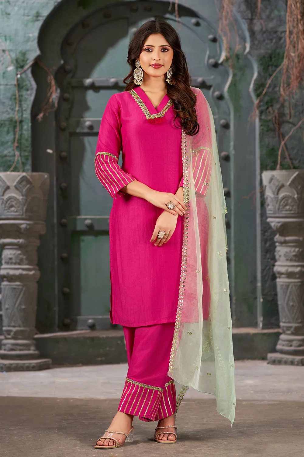 Hot Pink Straight Art Silk Kurta Set with Trousers and Dupatta