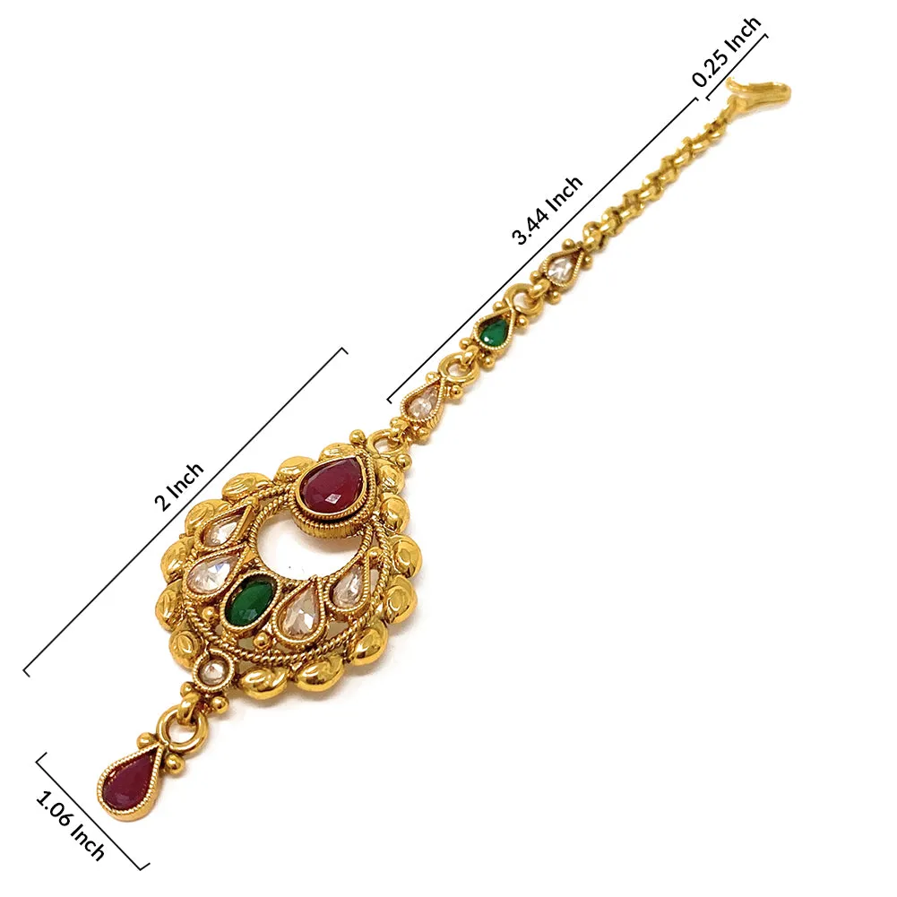 Indian Traditional Bridal Forehead Maang Tika Gold Plated Hair Head Ornament in Red Green Stones and White Pearls - Party Dance Headpiece For Women Girls by Duel On Jewel