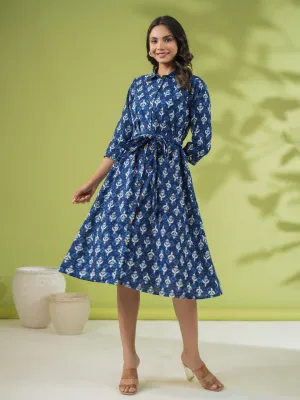 Indigo Cotton Ethnic Motifs Button Down Shirt Style Dress