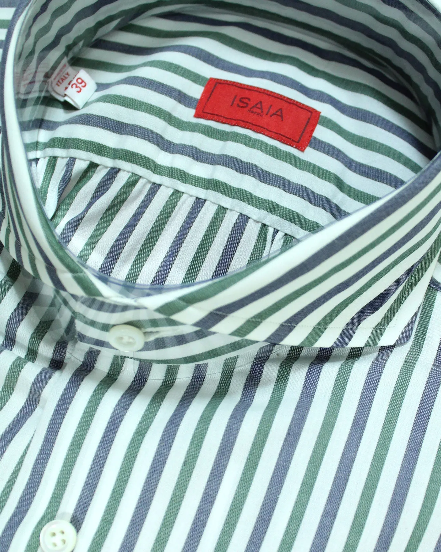 Isaia Dress Shirt Green Navy Stripes 39 - 15 1/2 Regular Fit