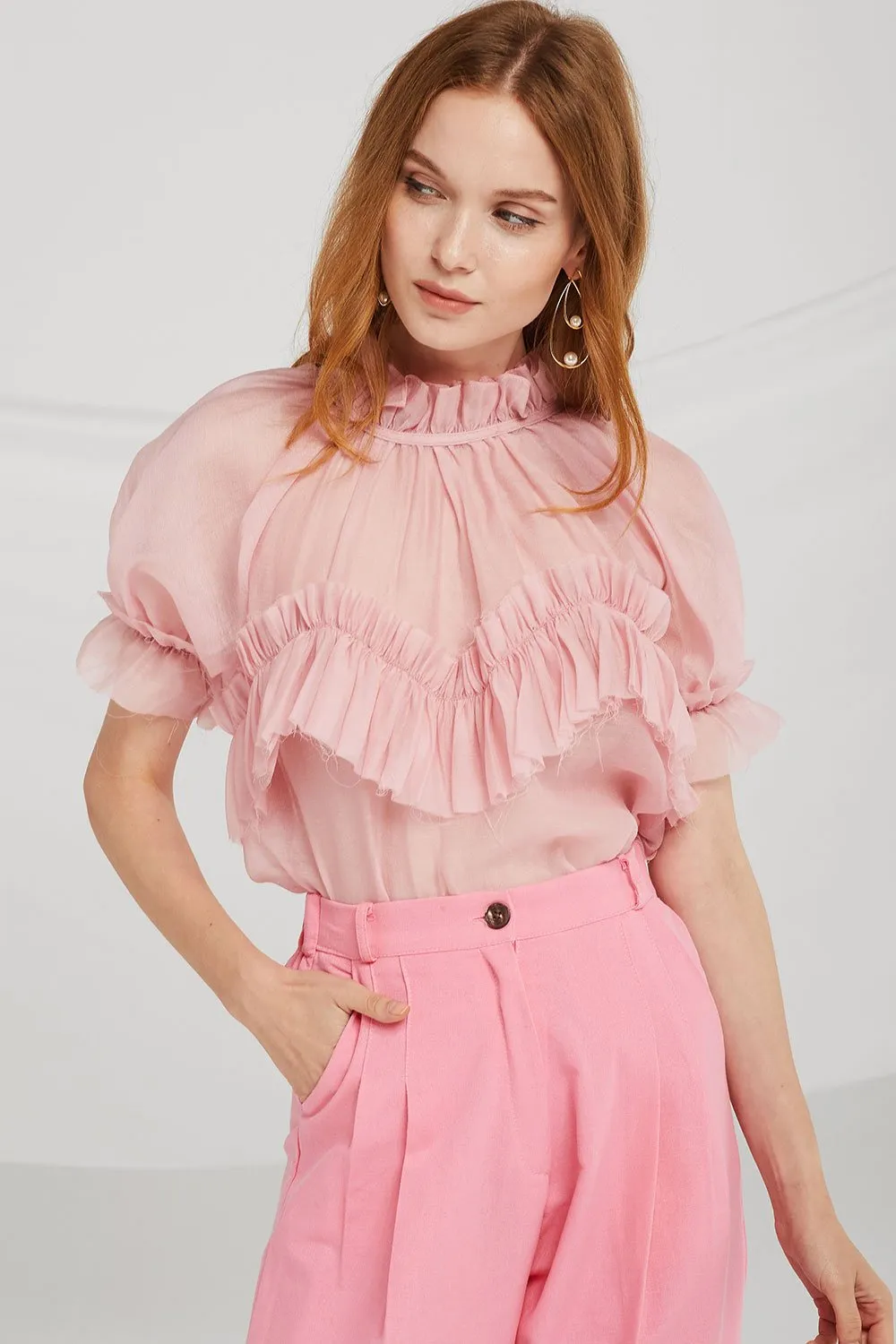 Kamila Pleated Ruffle Trim Blouse