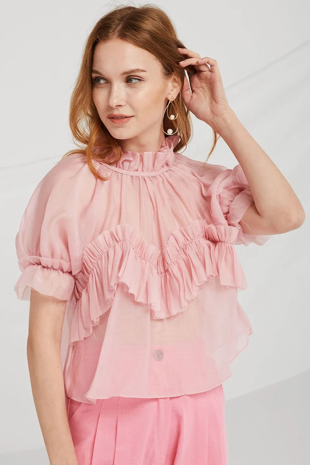 Kamila Pleated Ruffle Trim Blouse