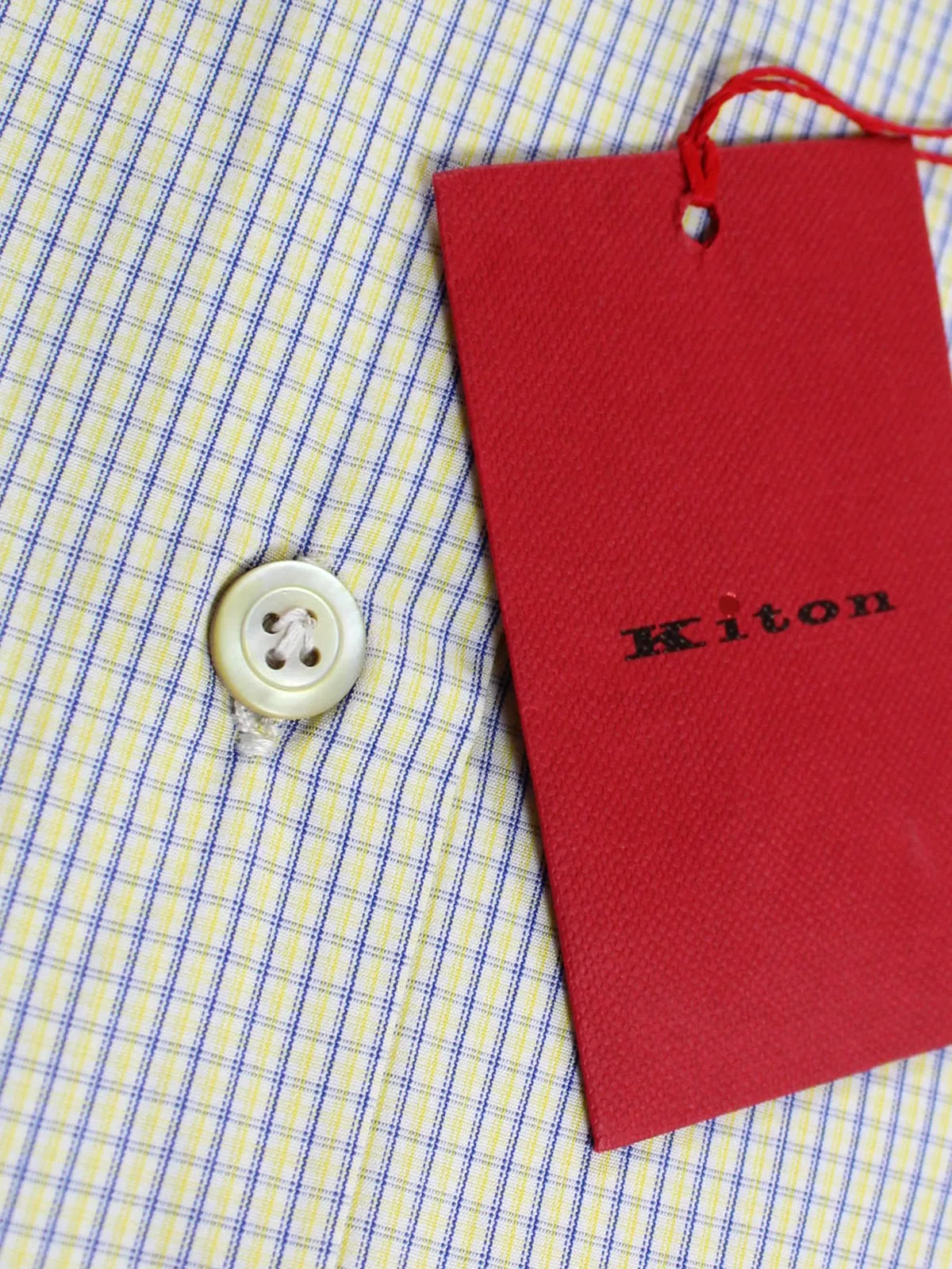 Kiton Dress Shirt White Lime Navy Check Spread Collar 44 - 17 1/2 REDUCED - SALE