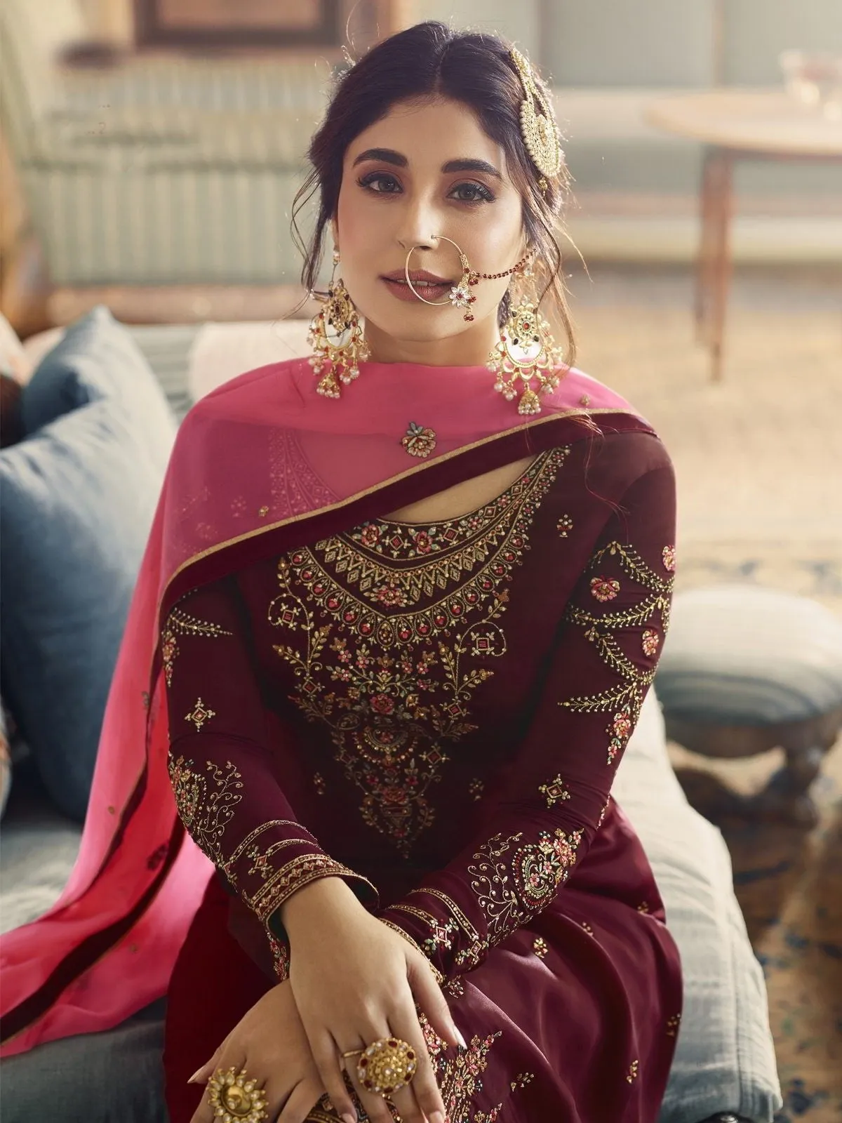 Maroon And Pink Ethnic Embroidered Sharara Suit