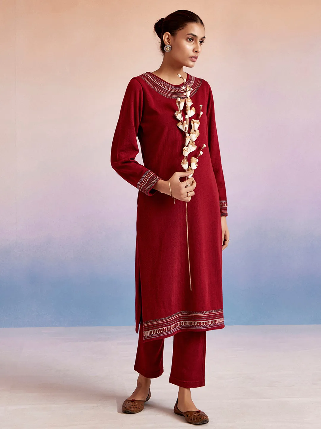 Maroon Embroidered Straight Woolen Kurta