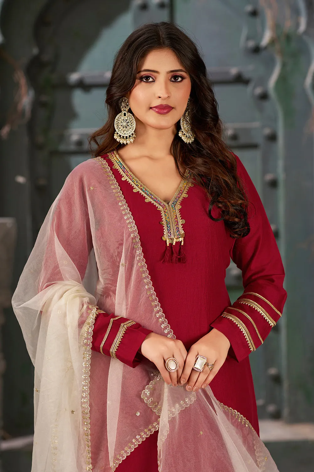 Maroon Straight Fit V-Neck Kurta Set with Trousers and Dupatta